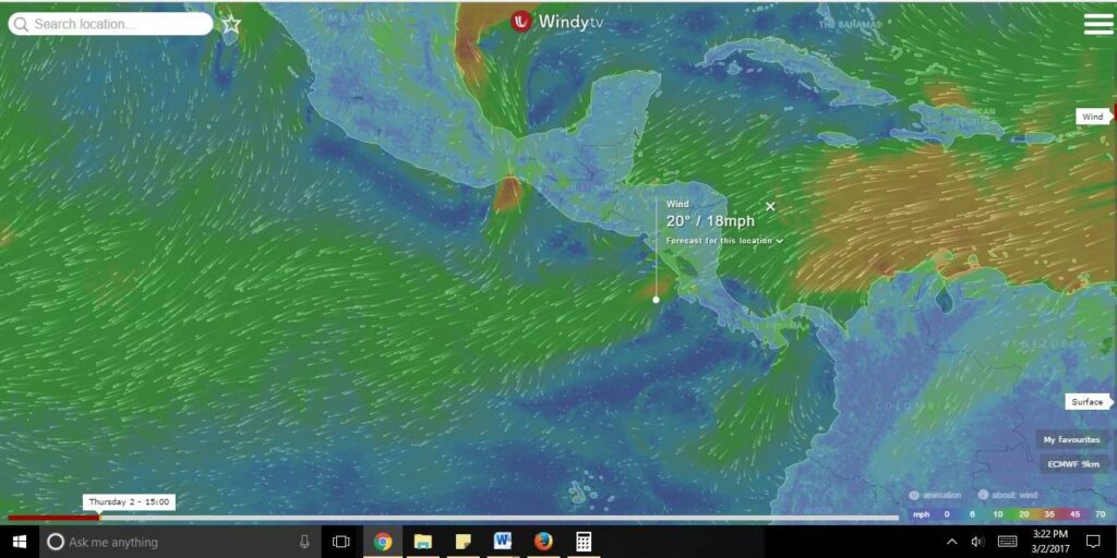 A wind map of Costa Rica during mid-March show the strong winds up in Guanacaste.