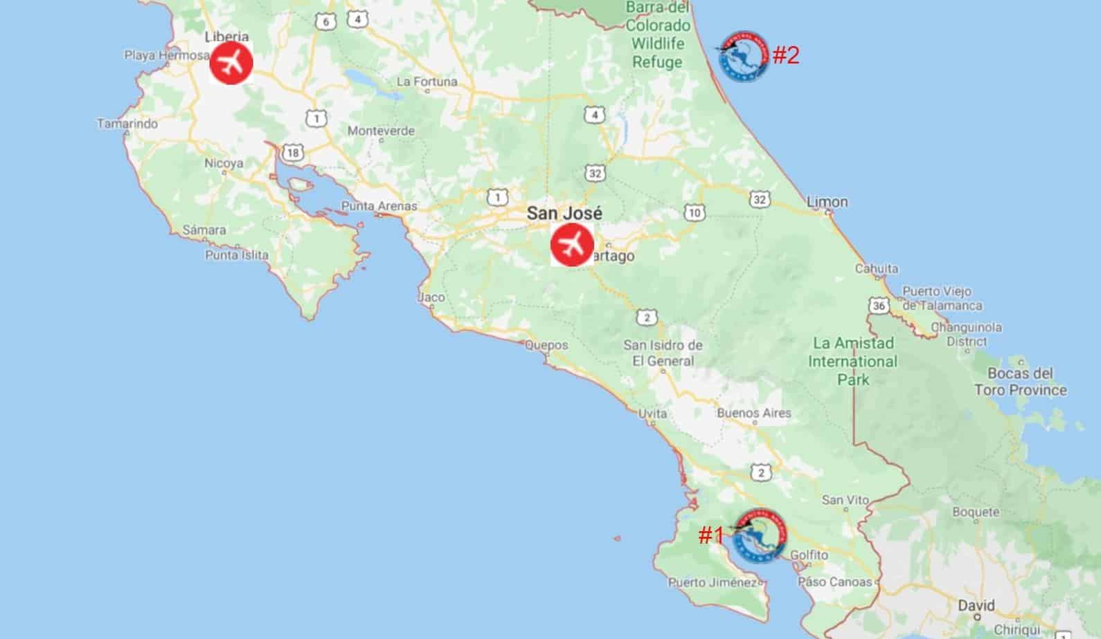 Map of Costa Rica's best fishing lodges