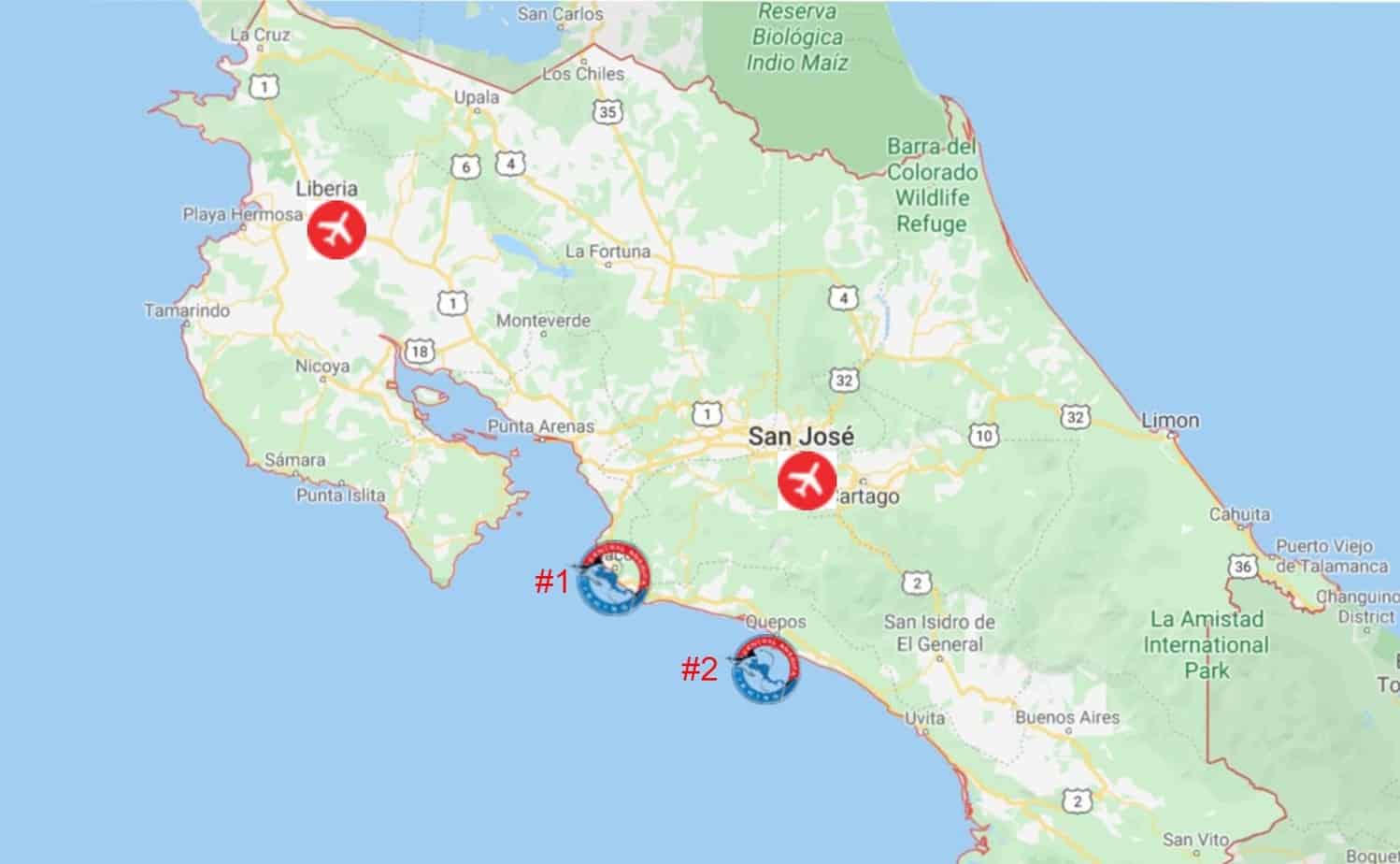 Map of the best resort & marina properties in Costa Rica