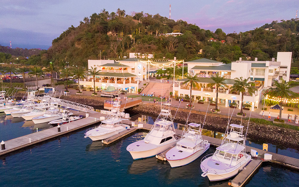 The marina village at the Marina Pez Vela in Quepos offers restaurants, shops, and a convenience store.